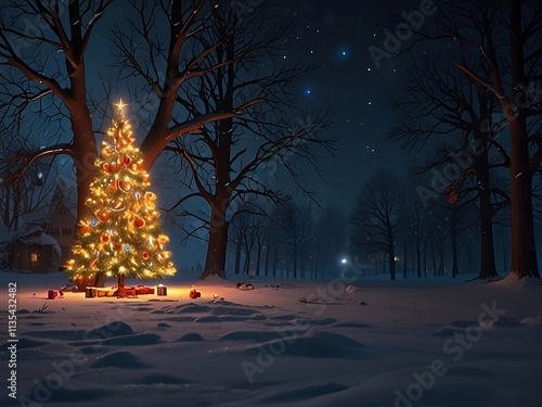 Enchanting Nighttime Winter Scene with Illuminated Christmas Tree in Snowy Forest