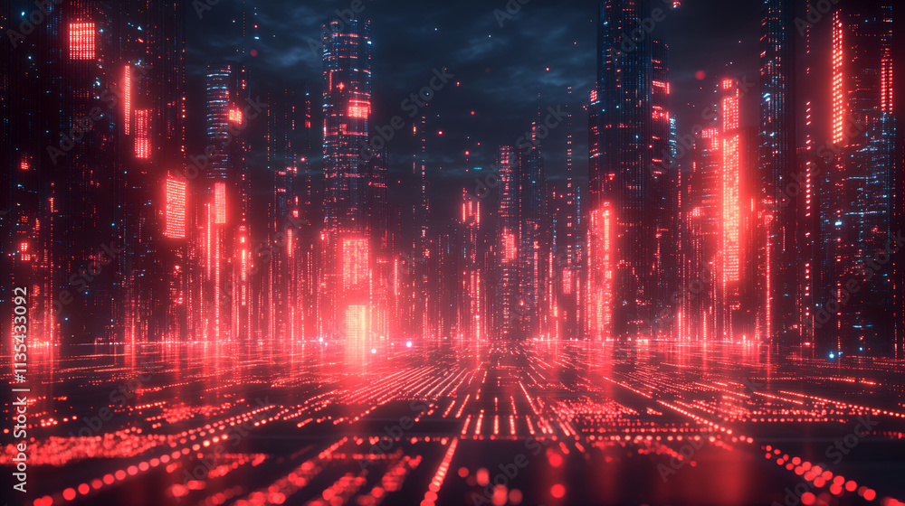 Futuristic Cityscape Illuminated By Red Neon Lights Futuristic Cityscape Illuminated By Red Neon Lights