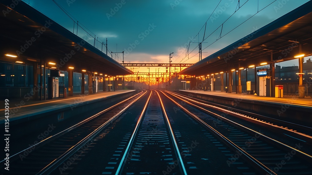 Train tracks at a station at sunset. Concept of travel, journey, and transportation. Train tracks at a station at sunset. Concept of travel, journey, and transportation.