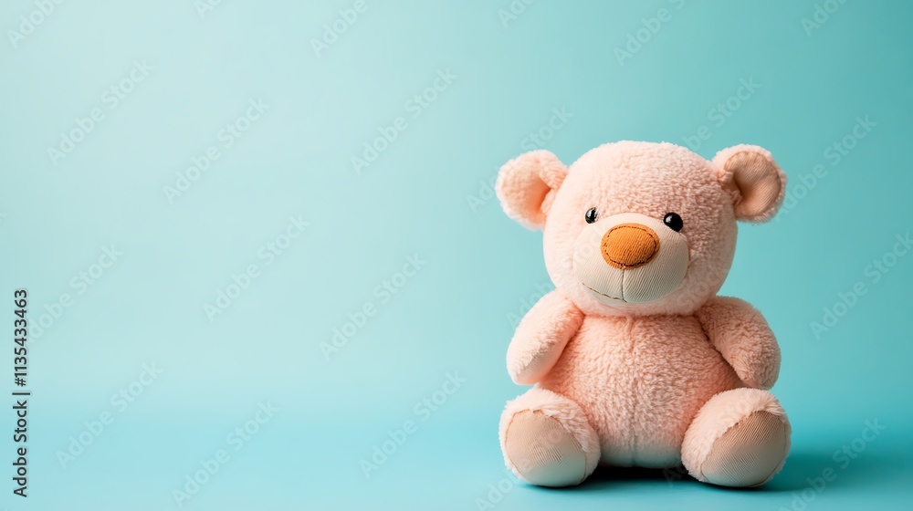 Pink teddy bear on a light blue background. Concept of childhood, innocence, and comfort. Pink teddy bear on a light blue background. Concept of childhood, innocence, and comfort.