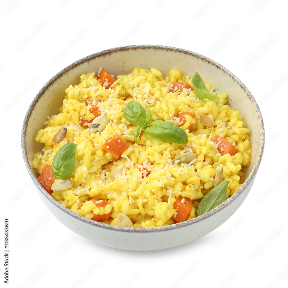 Delicious pumpkin risotto in bowl isolated on white Delicious pumpkin risotto in bowl isolated on white