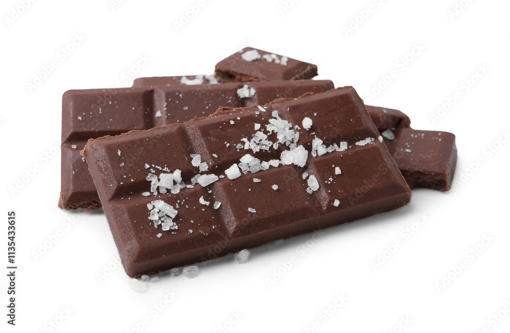 Pieces of chocolate with salt isolated on white