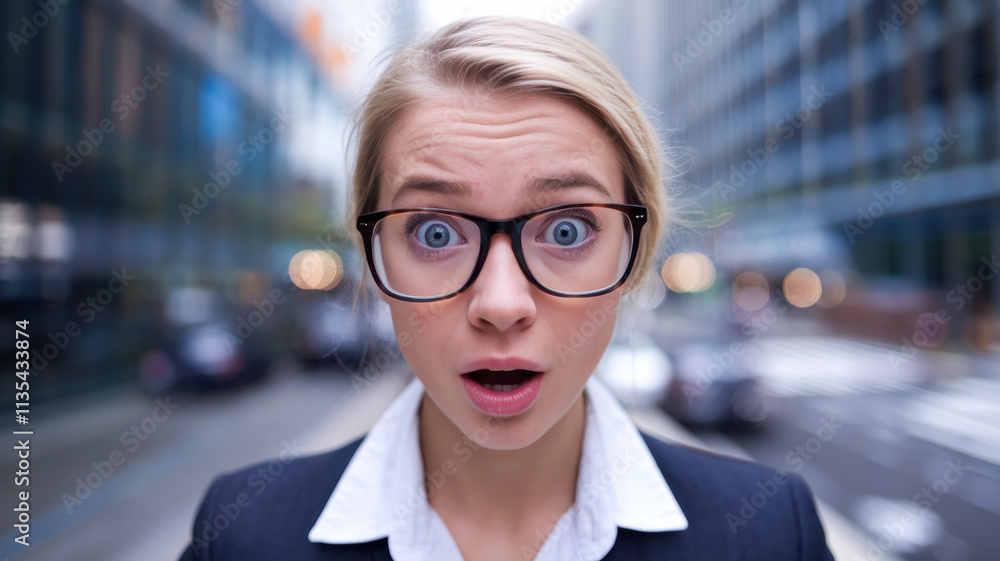 A surprised Caucasian woman with blonde hair and glasses, wearing a professional suit, stands in an urban street, expressing shock in a bustling city setting. A surprised Caucasian woman with blonde hair and glasses, wearing a professional suit, stands in an urban street, expressing shock in a bustling city setting.