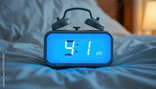 Morning Calm A Digital Clock Marks 9 10 AM on a Cozy Bed, Signaling the Start of New Possibilities. photo