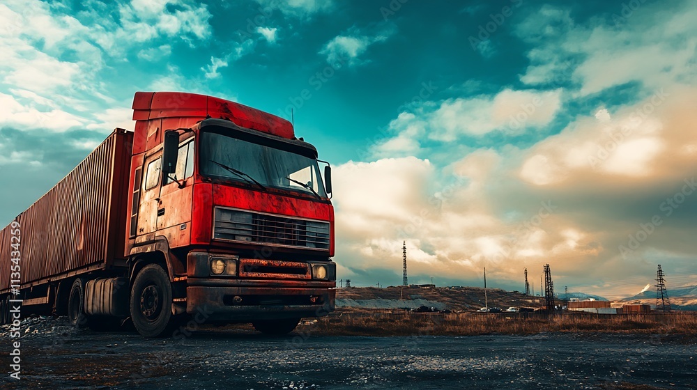 Red Truck on a Road, Industrial Landscape. Concept of Transportation, Logistics, and Freight. Red Truck on a Road, Industrial Landscape. Concept of Transportation, Logistics, and Freight.