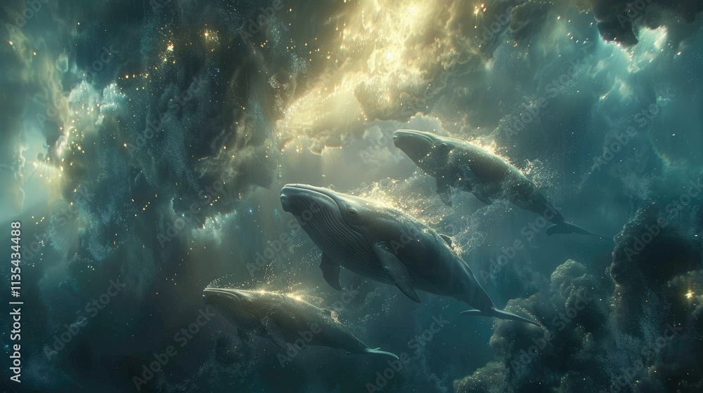 Fototapeta premium Ethereal underwater scene depicting whales swimming through a cosmic-like environment.