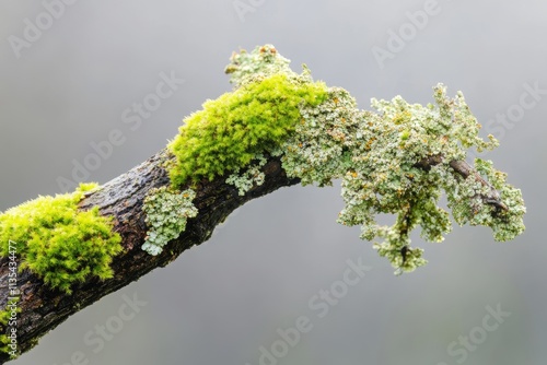 Close up view of a moss and lichen covered tree branch in a misty forest environment photo