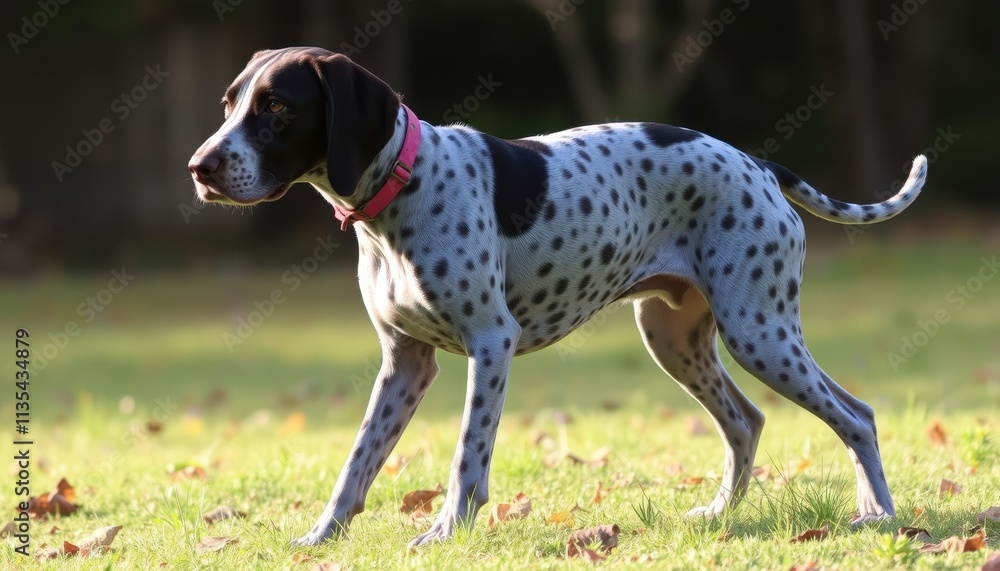 Spotted Sunshine A Playful Pup in Pink, Standing Proudly on a Lush Green Carpet Spotted Sunshine A Playful Pup in Pink, Standing Proudly on a Lush Green Carpet