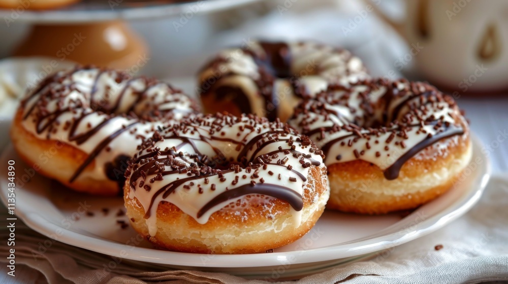 Gourmet Chocolate-Drizzled Donuts with Cream Topping Gourmet Chocolate-Drizzled Donuts with Cream Topping