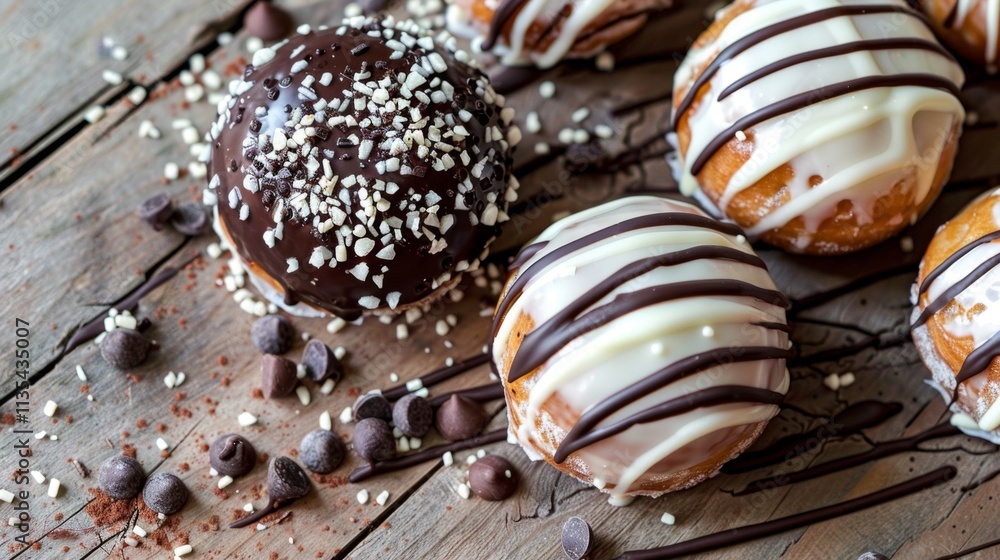 Gourmet Chocolate-Drizzled Donuts with Cream Topping Gourmet Chocolate-Drizzled Donuts with Cream Topping
