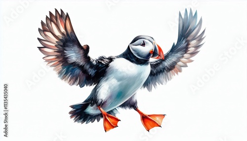 puffin, bird, flying pose, animal in watercolor painting, alcohol ink, photo