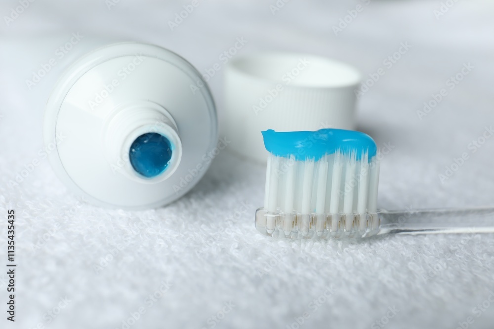 Toothbrush with toothpaste and tube on white towel, closeup Toothbrush with toothpaste and tube on white towel, closeup