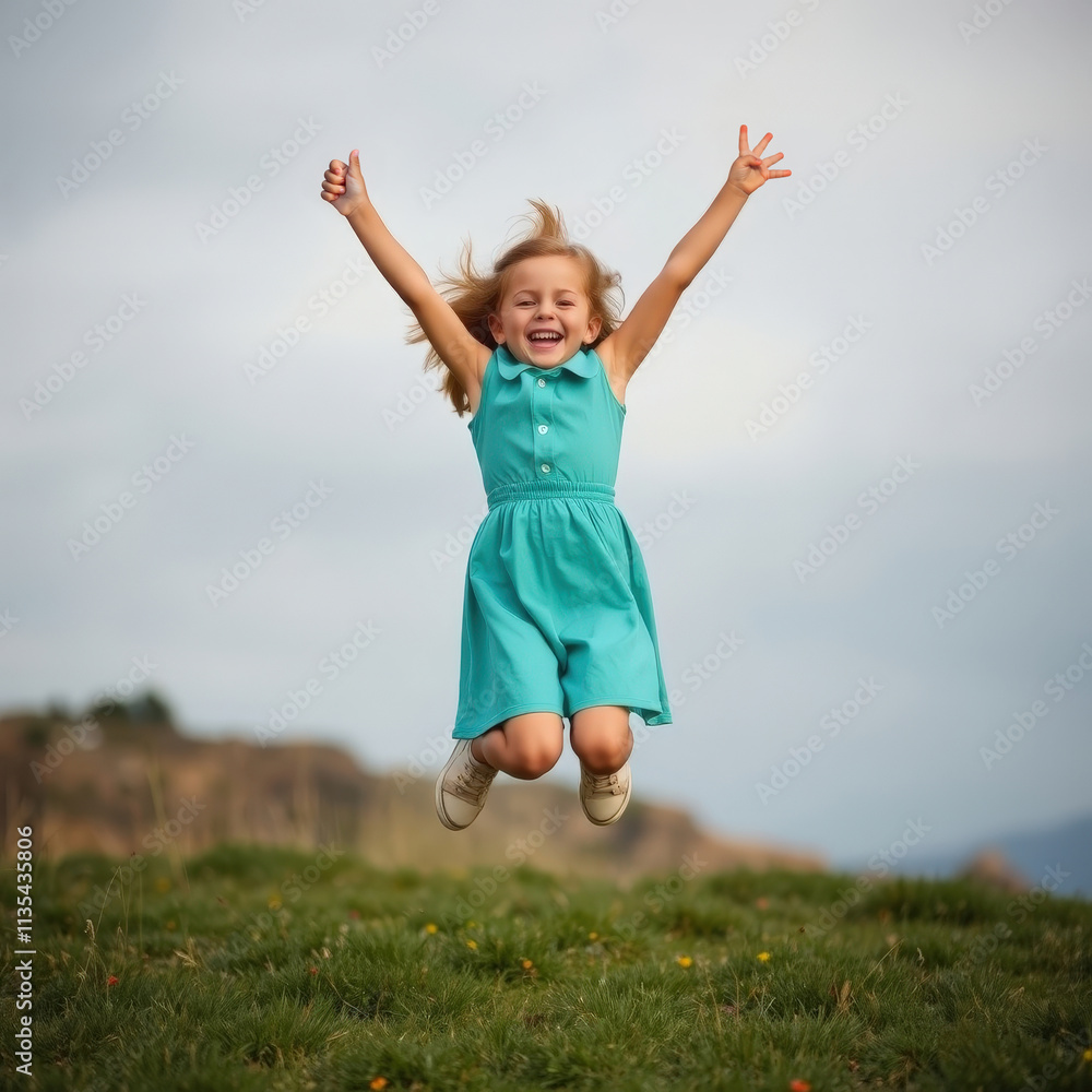 Pure Joy in Motion A Young Child Leaps into Happiness on a Sunlit Hill of Green Pure Joy in Motion A Young Child Leaps into Happiness on a Sunlit Hill of Green