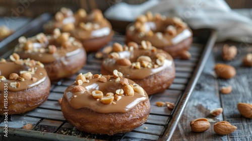 Peanut-Topped Caramel Glazed Donuts on Cooling Rack