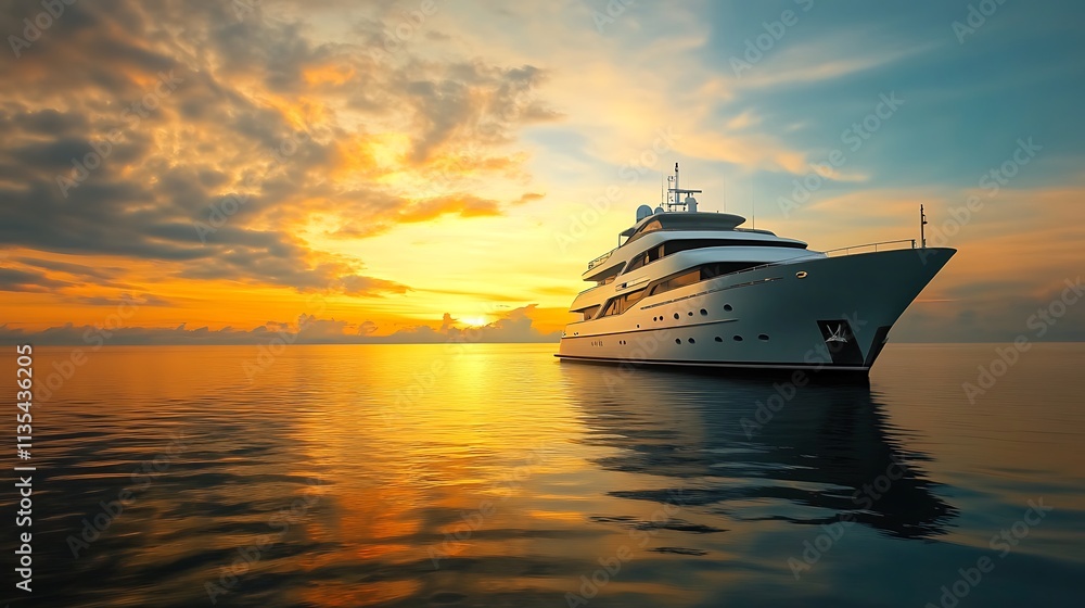 Luxury Yacht at Sunset. Ocean Cruise, Travel, and Relaxation. Luxury Yacht at Sunset. Ocean Cruise, Travel, and Relaxation.
