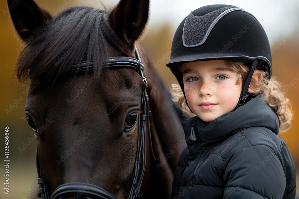 A child in a black helmet and jacket stands confidently beside a horse, autumn leaves in the background, eyes bright with adventure and trust. A child in a black helmet and jacket stands confidently beside a horse, autumn leaves in the background, eyes bright with adventure and trust.