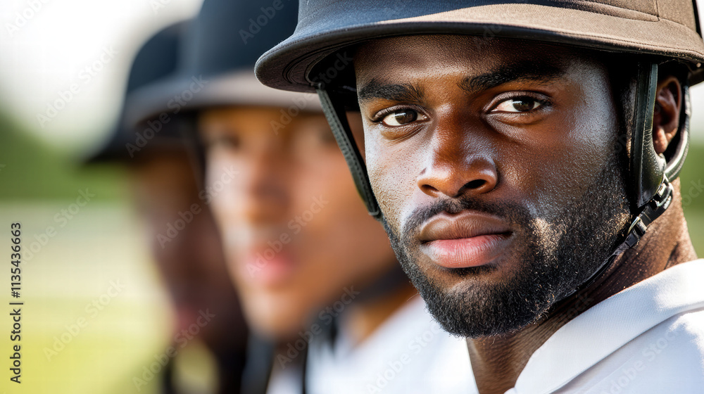 A focused polo player stands ready, his expression intense, teammates blurred in the background under the sun on a bright day. A focused polo player stands ready, his expression intense, teammates blurred in the background under the sun on a bright day.
