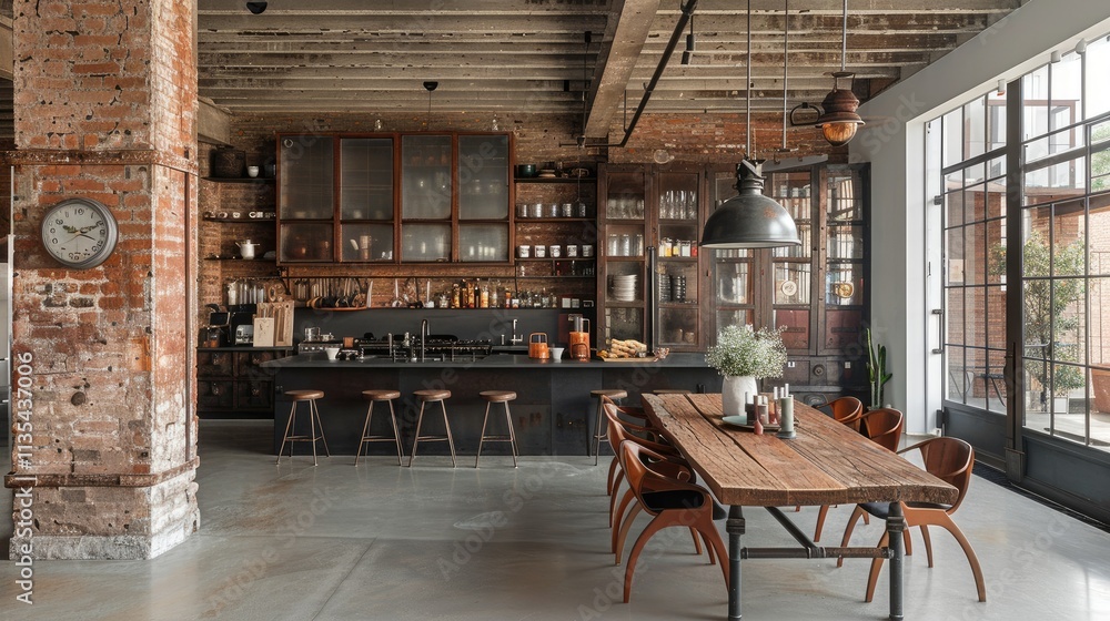 Modern industrial kitchen and dining area with rustic elements and large windows.