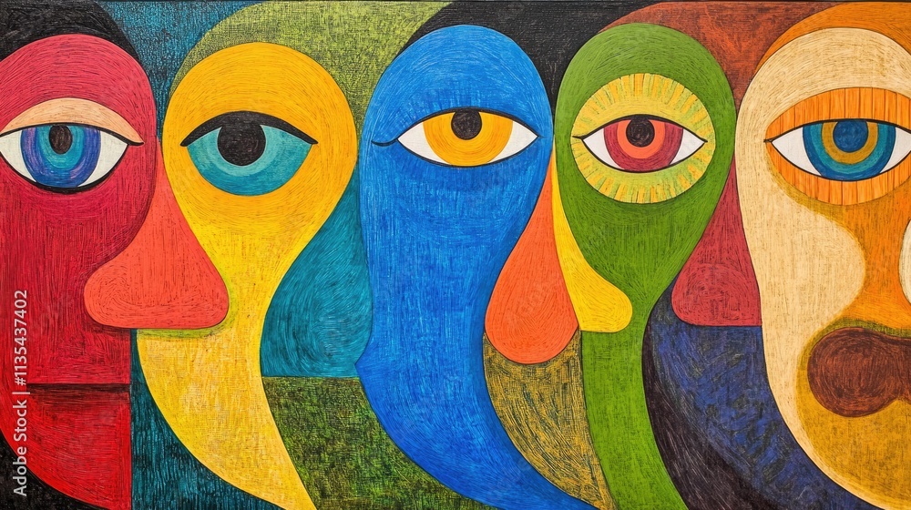 Fototapeta premium Colorful abstract representation of diverse faces in artistic mural form