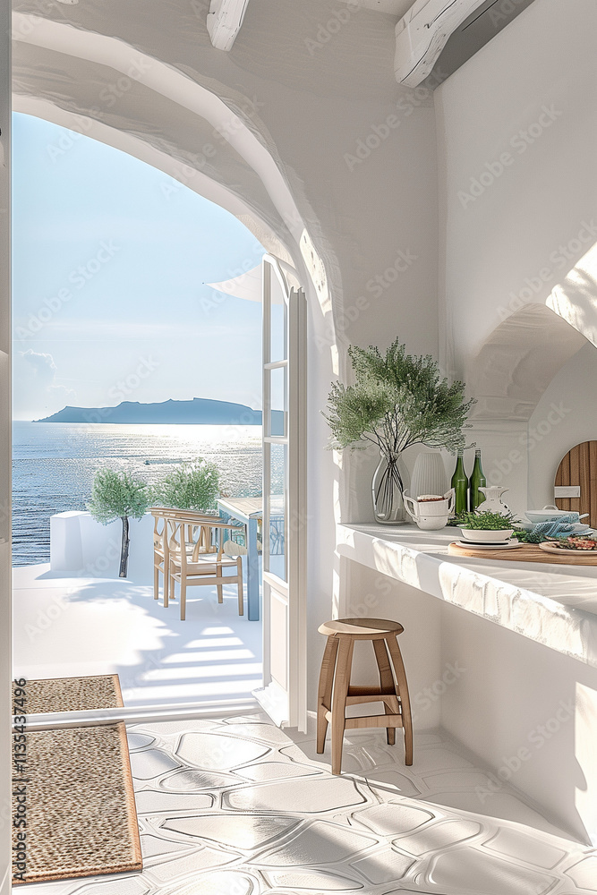Obraz premium Modern Minimalist Chic Greek Luxury Kitchen with Sea Access in White, Boho Chic, and Mediterranean Style
