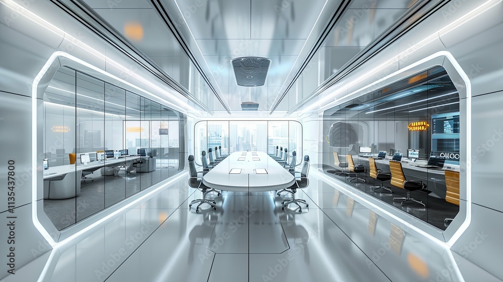 Obraz premium Futuristic Modern Office Conference Room with City View and Integrated Workstations