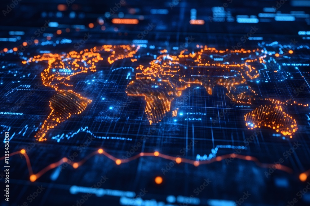 Global business and market data analysis showing world map and statistics Global business and market data analysis showing world map and statistics