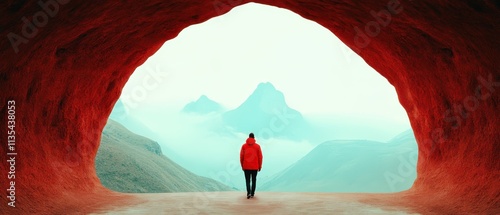 A person standing in a vibrant mountain cave.
