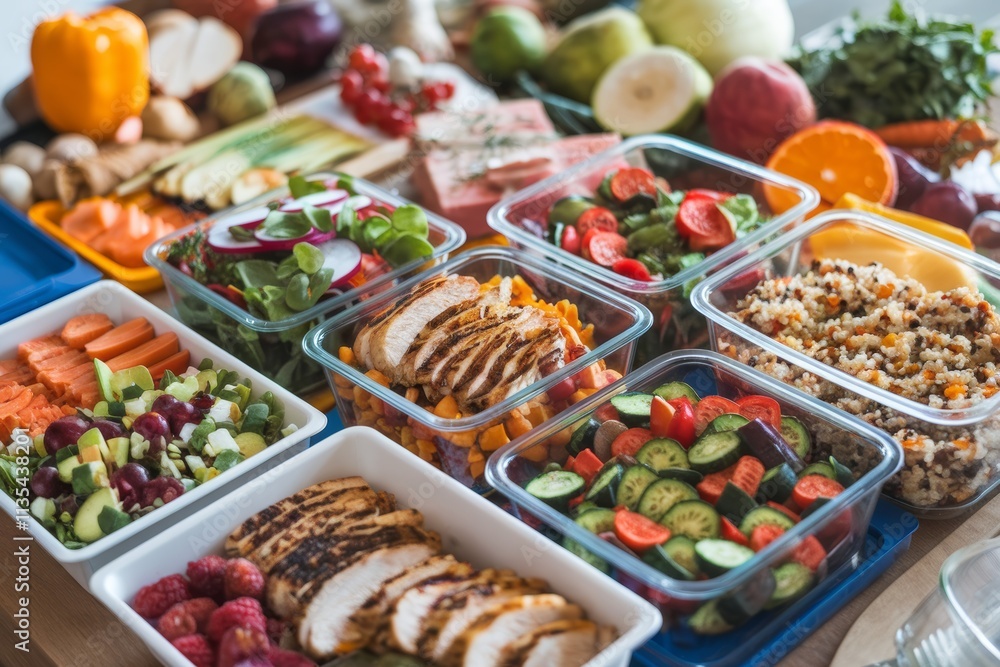 A colorful array of meal prep containers filled with healthy foods and fresh ingredients. A colorful array of meal prep containers filled with healthy foods and fresh ingredients.
