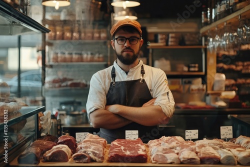 Fototapeta Naklejka Na Ścianę i Meble -  Butcher standing with arms crossed in butchery shop