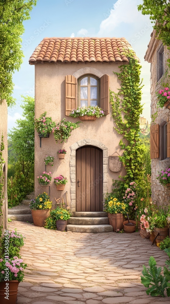Charming house with blooming plants and flowers. Charming house with blooming plants and flowers.
