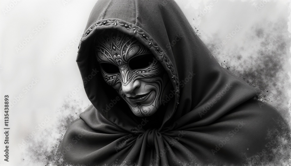Mysterious black and white Venetian Carnival mask with intricate designs and a hooded cloak Mysterious black and white Venetian Carnival mask with intricate designs and a hooded cloak