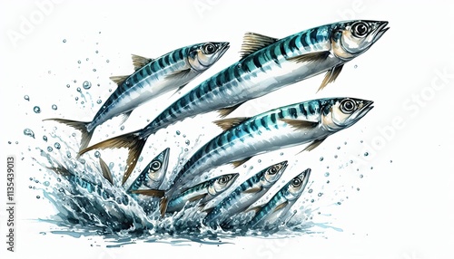 sardines, fish, jumping from water,animal in animal in watercolor painting, alcohol ink,