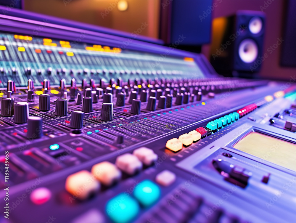 Detailed view of a professional audio mixing console in a music studio during a recording session Detailed view of a professional audio mixing console in a music studio during a recording session