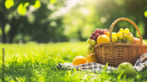 A tranquil Summer Picnic scene with a picnic basket and fruits against a lush green park background, macro shot, Minimalist style photo