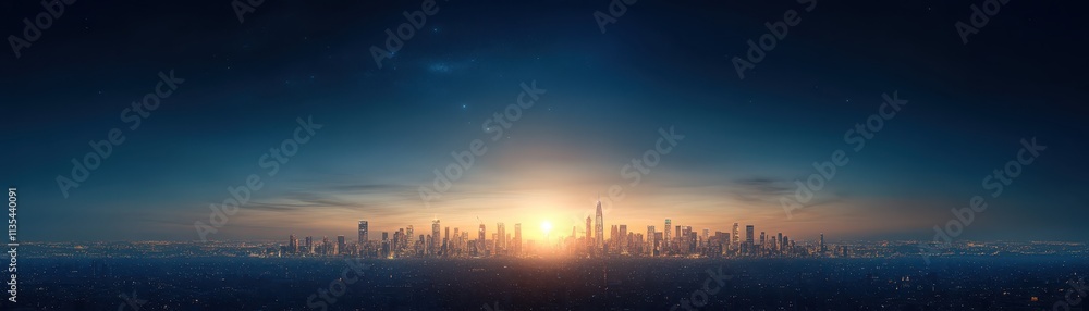 Urban skyline at dawn with glowing horizon. Urban skyline at dawn with glowing horizon.