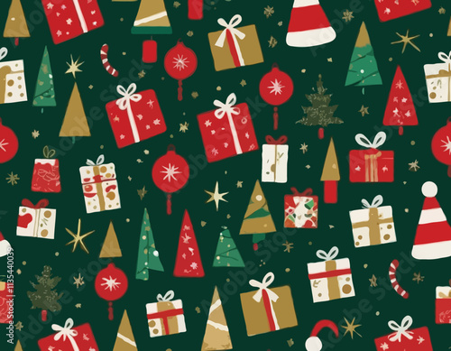 Christmas geometric seamless pattern with holiday icons elements   for wrapping paper, background, wallpaper. Trendy modern contemporary abstract print. Red, green, gold colors.