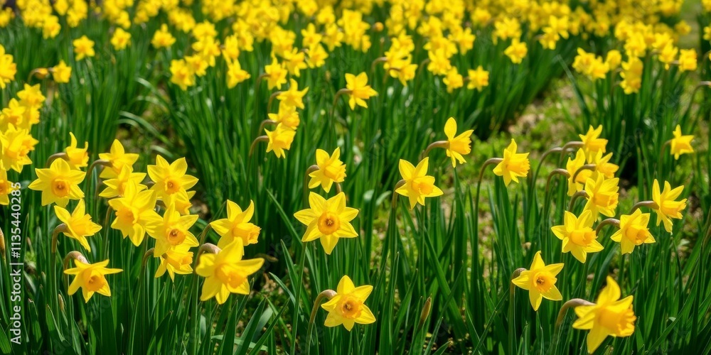 Vibrant yellow daffodil flowers blooming in a vast green field under the sunlight, yellow, spring, greenery Vibrant yellow daffodil flowers blooming in a vast green field under the sunlight, yellow, spring, greenery