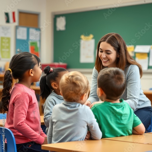 Bright Minds in Discovery A young woman inspires a classroom of eager learners, surrounded by colorful educational tools and the promise of knowledge.