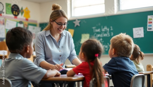Guiding Curiosity A Teacher Sparks Joyful Learning in a Warm Classroom Setting, Surrounded by Engaged Young Minds and Inspiring Visual Aids.