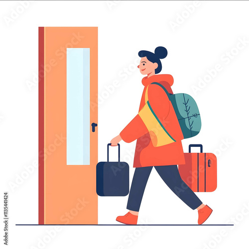 an illustration flat style solid colors no shadows transparent background someone passing through a door with small luggage from the right point of view the person i