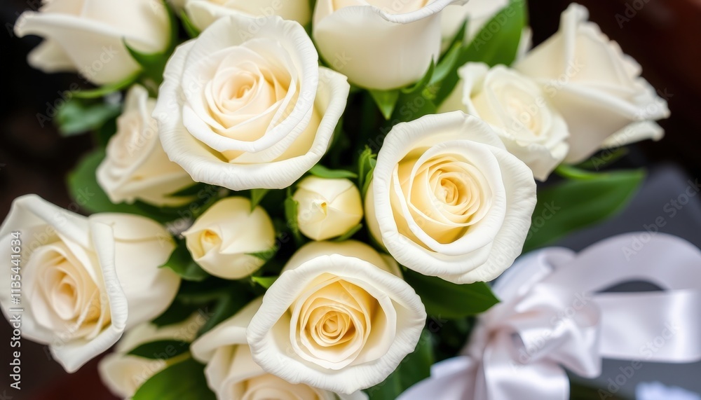 Timeless Elegance A Soft Bouquet of White Roses Graced by Lush Green Leaves and Delicate White Ribbon. Timeless Elegance A Soft Bouquet of White Roses Graced by Lush Green Leaves and Delicate White Ribbon.