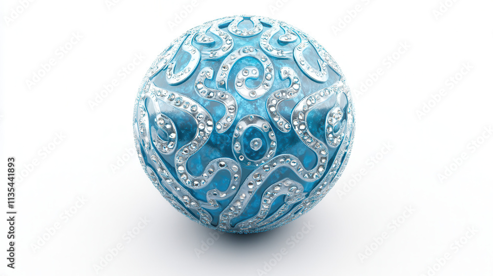 A spherical textured object with intricate details, resembling organic patterns, rendered in vibrant aqua blue with shimmering silver accents A spherical textured object with intricate details, resembling organic patterns, rendered in vibrant aqua blue with shimmering silver accents