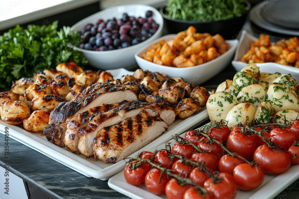 Sliced grilled turkey breast with chicken, potatoes, tomatoes, and blueberries displayed on a buffet table Sliced grilled turkey breast with chicken, potatoes, tomatoes, and blueberries displayed on a buffet table