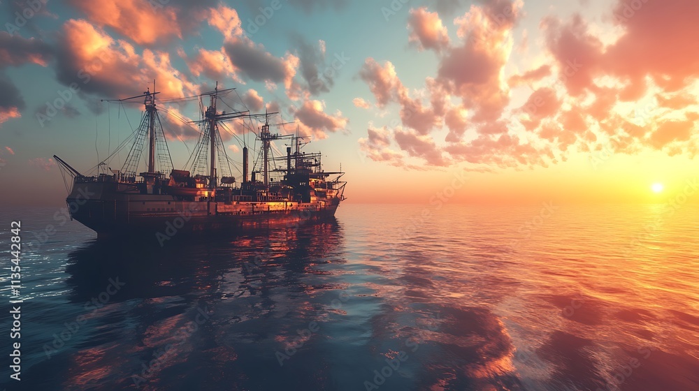 Steampunk Ship at Sunset. Concept of Adventure, Exploration, and Maritime History. Steampunk Ship at Sunset. Concept of Adventure, Exploration, and Maritime History.
