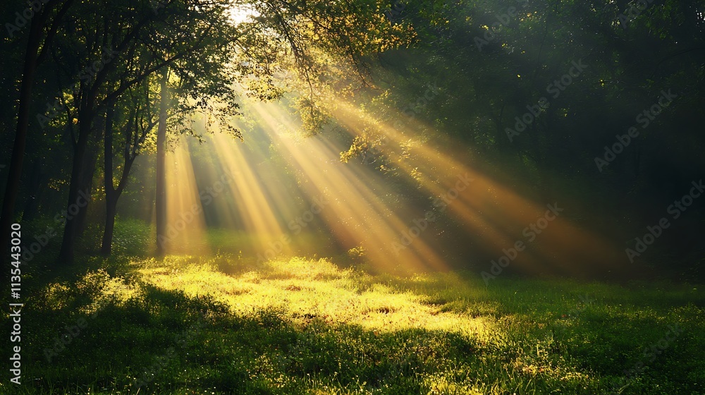 Sunlight beams through forest canopy. Concept of peace, serenity, and nature's beauty. Sunlight beams through forest canopy. Concept of peace, serenity, and nature's beauty.