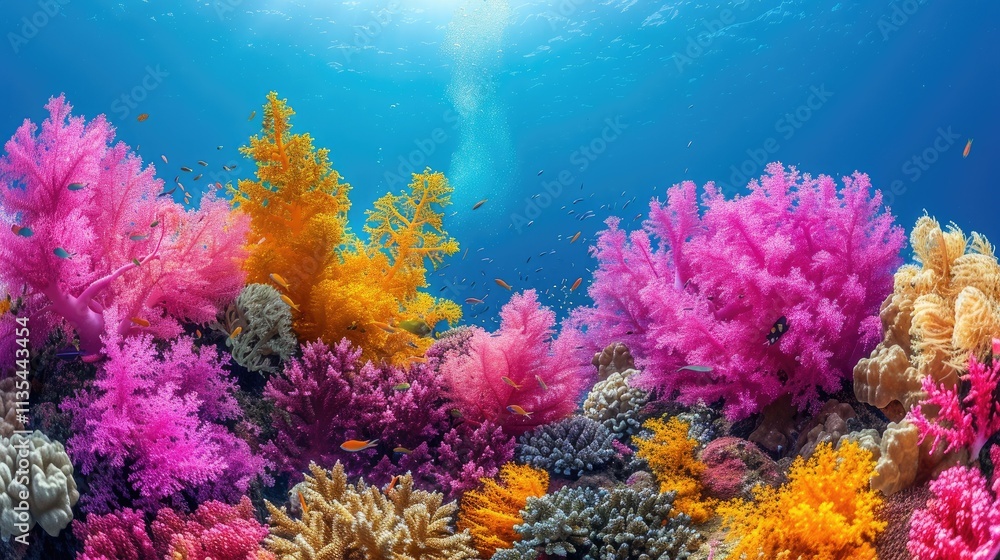 Naklejka premium Vibrant coral reef teeming with colorful marine life and diverse underwater plants.