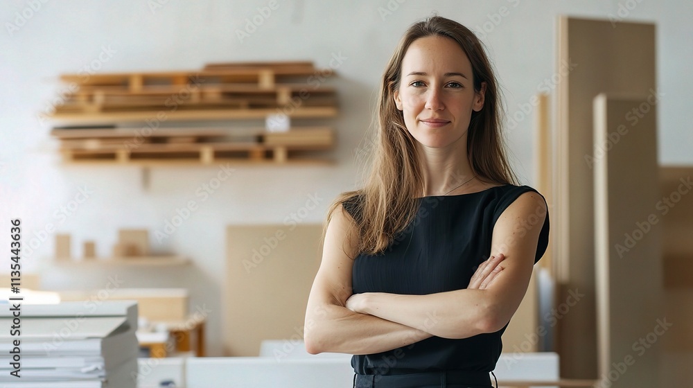 Confident Female Architect Standing in Modern Office Environment Confident Female Architect Standing in Modern Office Environment