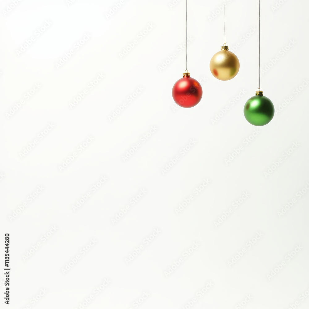 Floating Red, Gold, and Green Christmas Ornaments on White Background