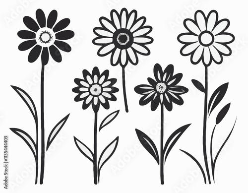 Groovy daisy flowers set. Flat black icons. Simple flower silhouette. Retro vintage style, hand drawn decorative elements.