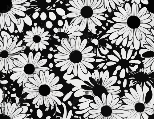 Groovy daisy flowers set. Flat black icons. Simple flower silhouette. Retro vintage style, hand drawn decorative elements.